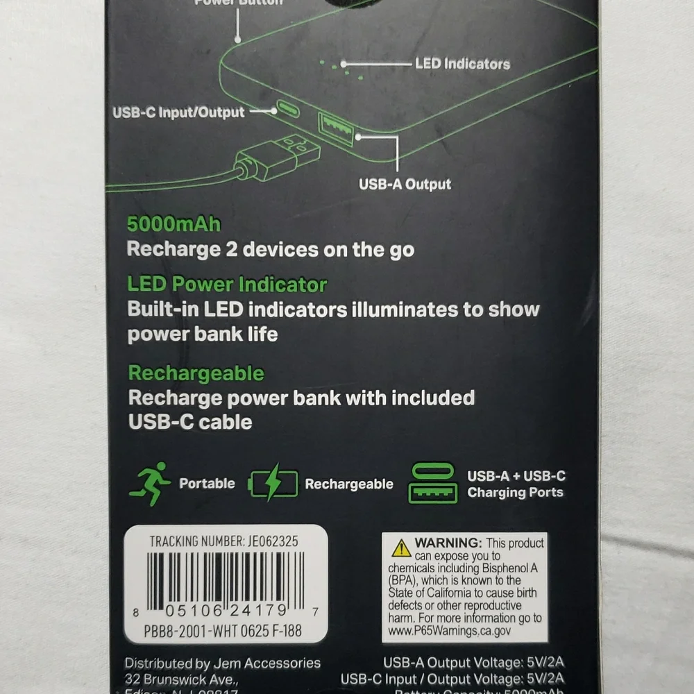White Power Bank 5,000 mAh Rechargeable